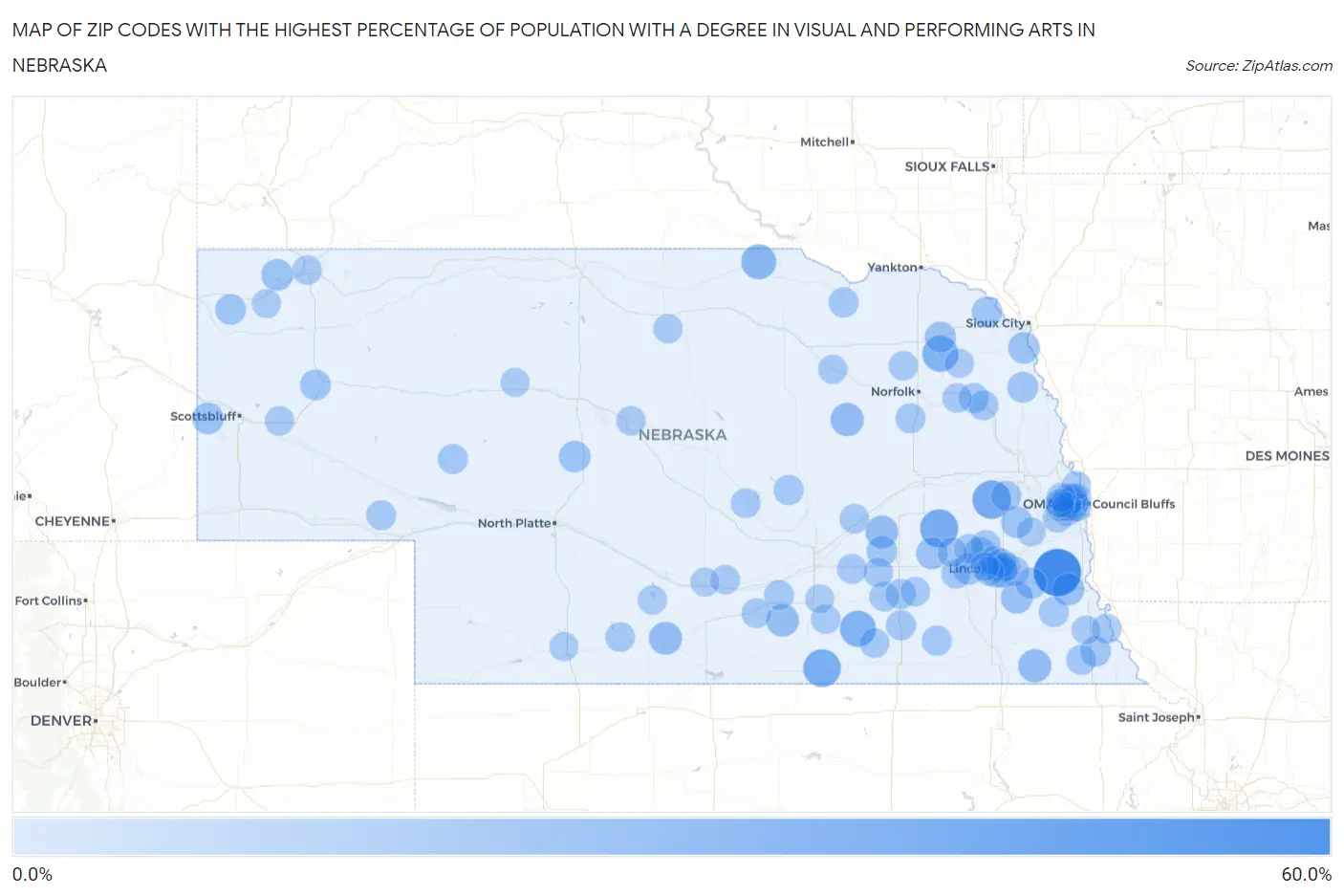 Zip Codes with the Highest Percentage of Population with a Degree in Visual and Performing Arts in Nebraska Map