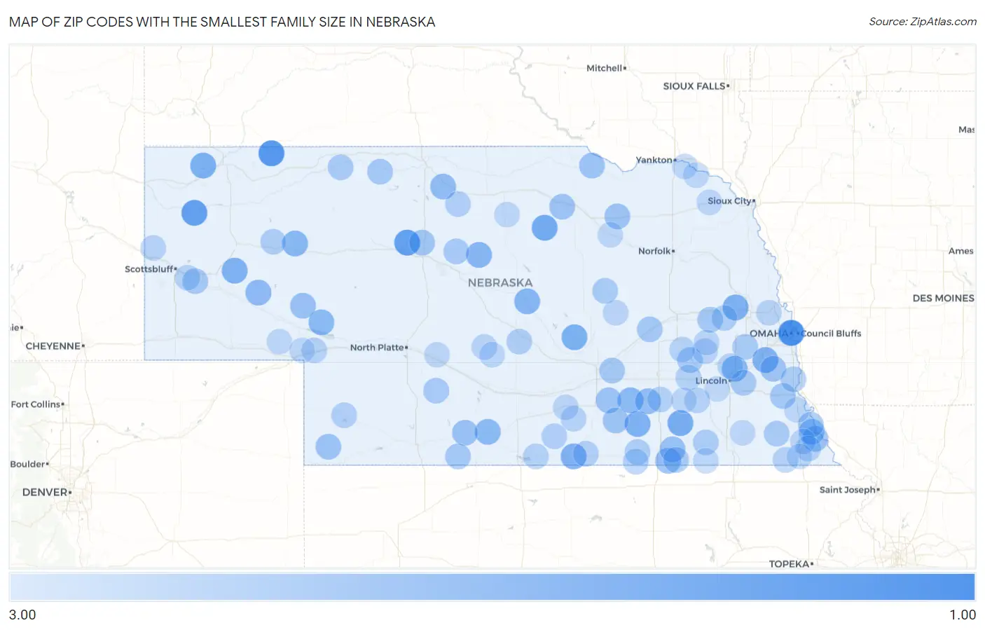 Zip Codes with the Smallest Family Size in Nebraska Map