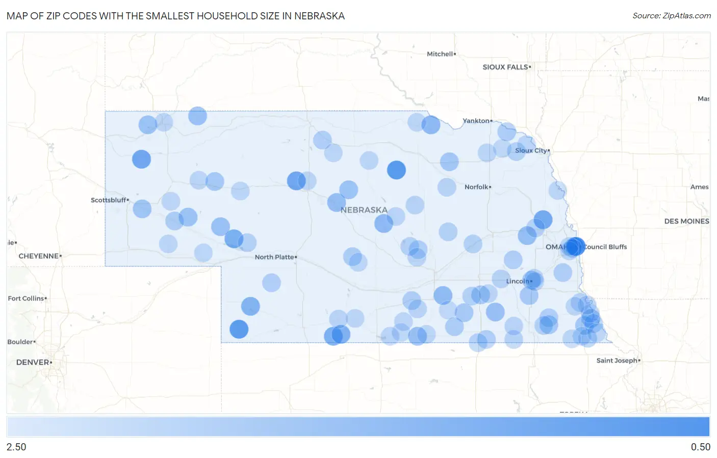 Zip Codes with the Smallest Household Size in Nebraska Map