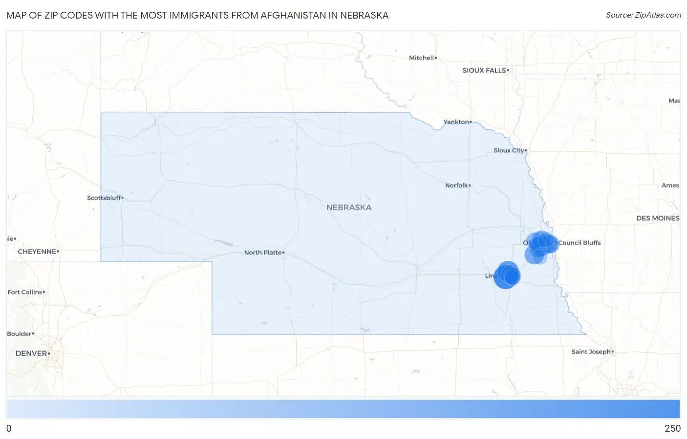 Zip Codes with the Most Immigrants from Afghanistan in Nebraska Map