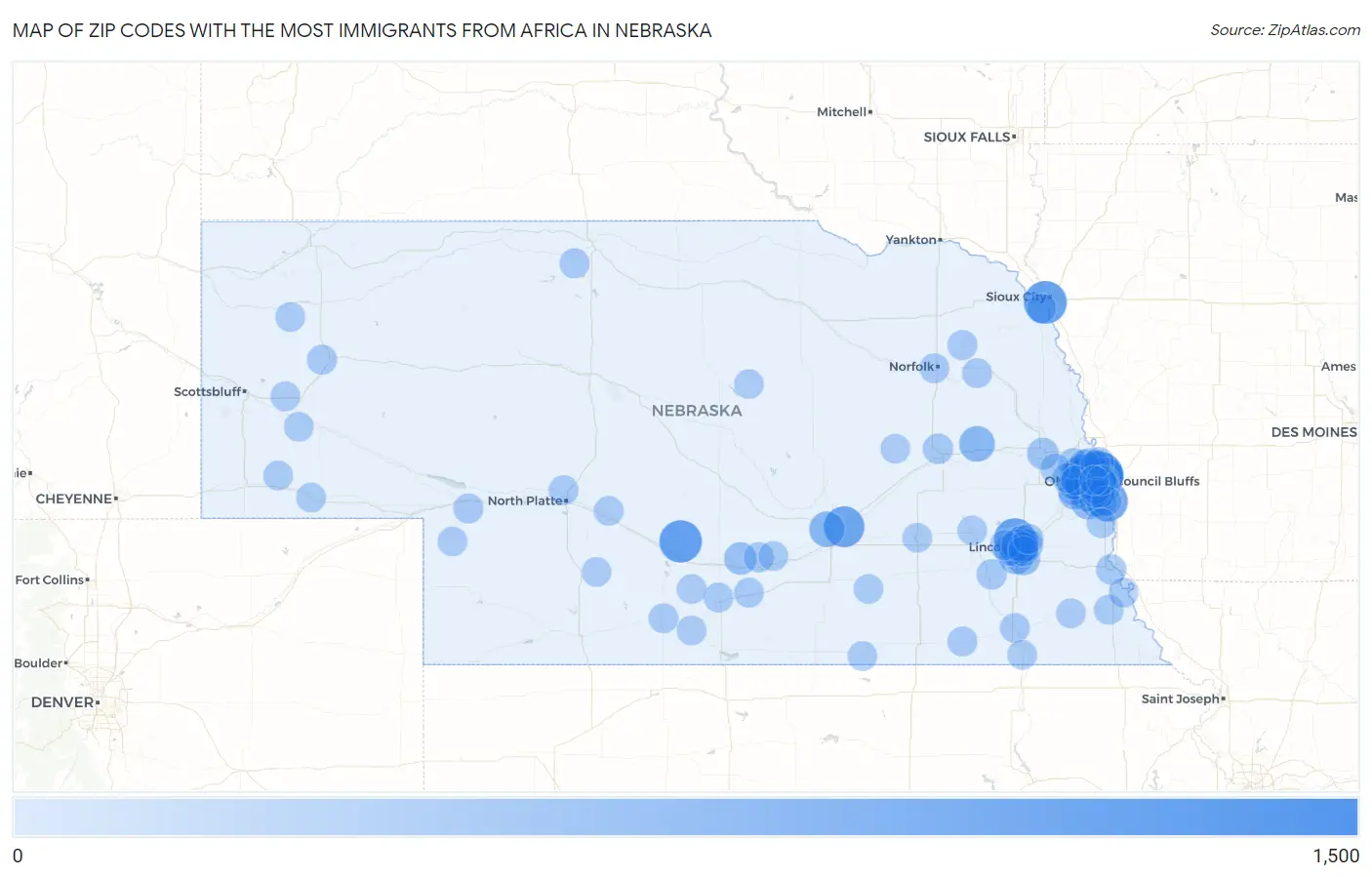 Zip Codes with the Most Immigrants from Africa in Nebraska Map