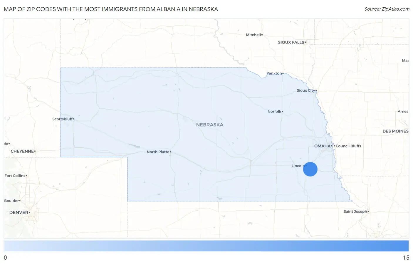Zip Codes with the Most Immigrants from Albania in Nebraska Map