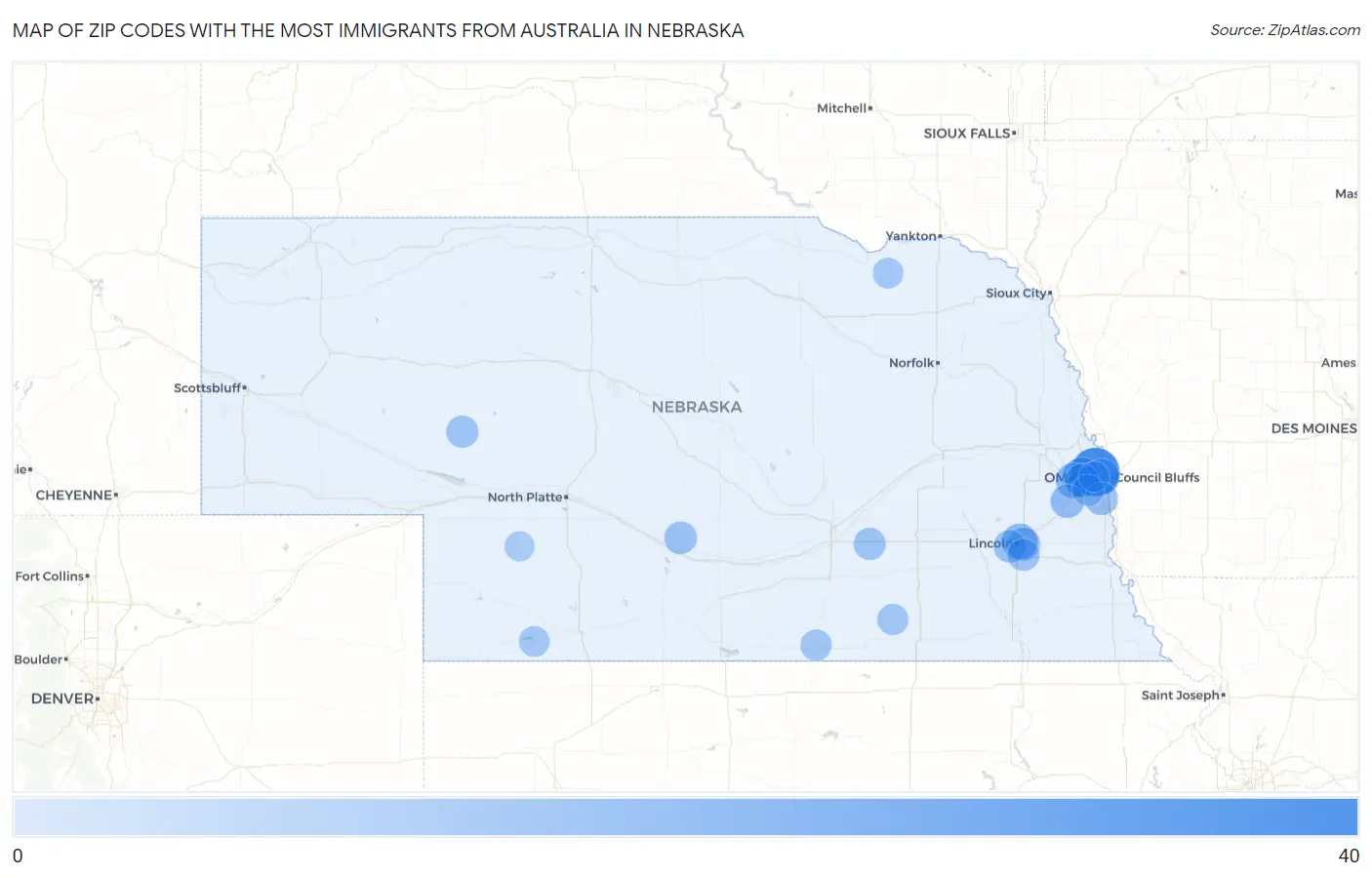 Zip Codes with the Most Immigrants from Australia in Nebraska Map