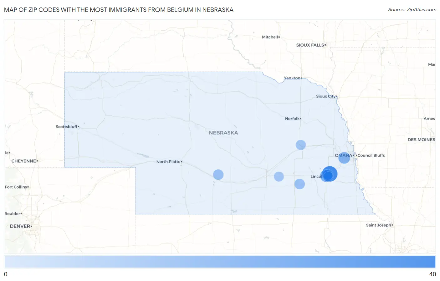 Zip Codes with the Most Immigrants from Belgium in Nebraska Map