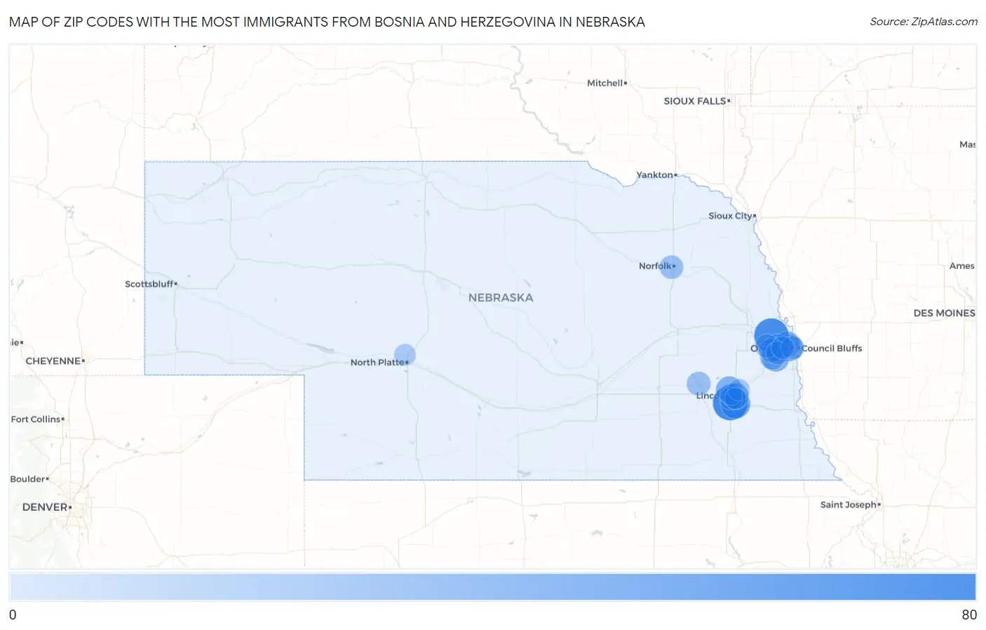Zip Codes with the Most Immigrants from Bosnia and Herzegovina in Nebraska Map