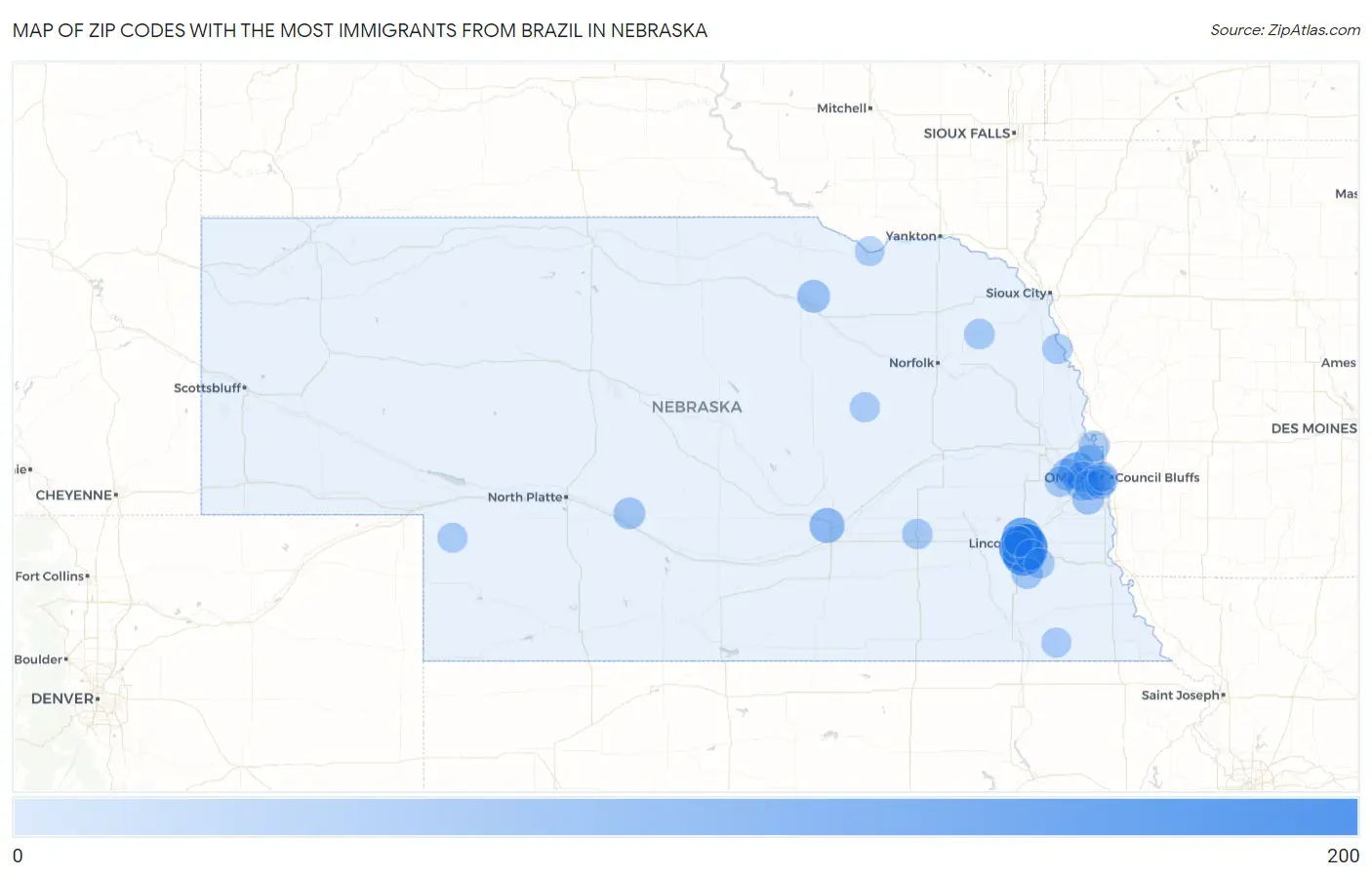 Zip Codes with the Most Immigrants from Brazil in Nebraska Map