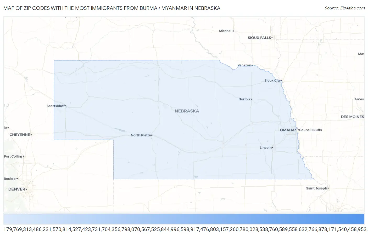 Zip Codes with the Most Immigrants from Burma / Myanmar in Nebraska Map