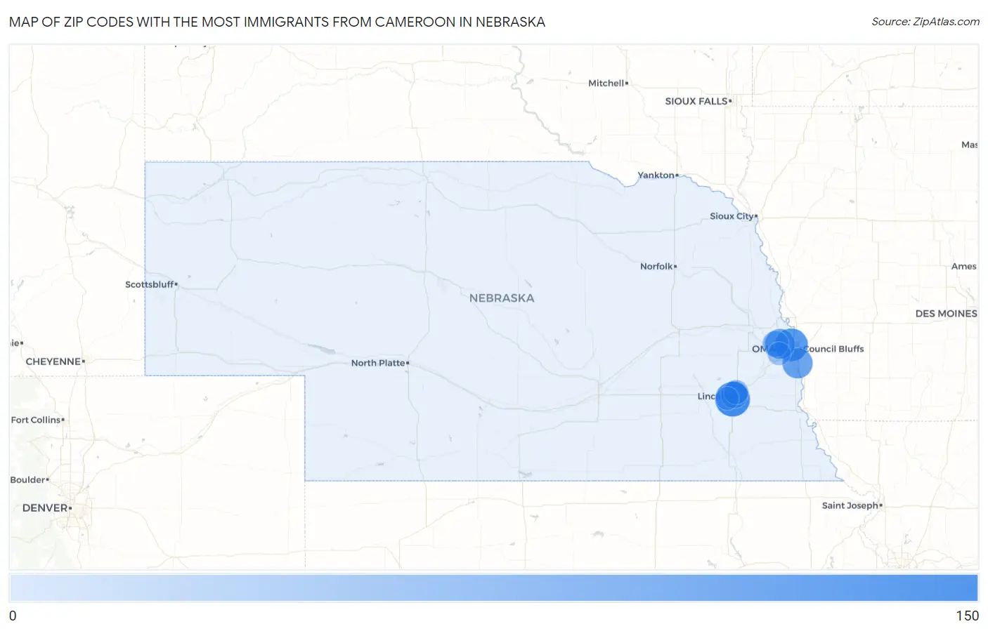Zip Codes with the Most Immigrants from Cameroon in Nebraska Map