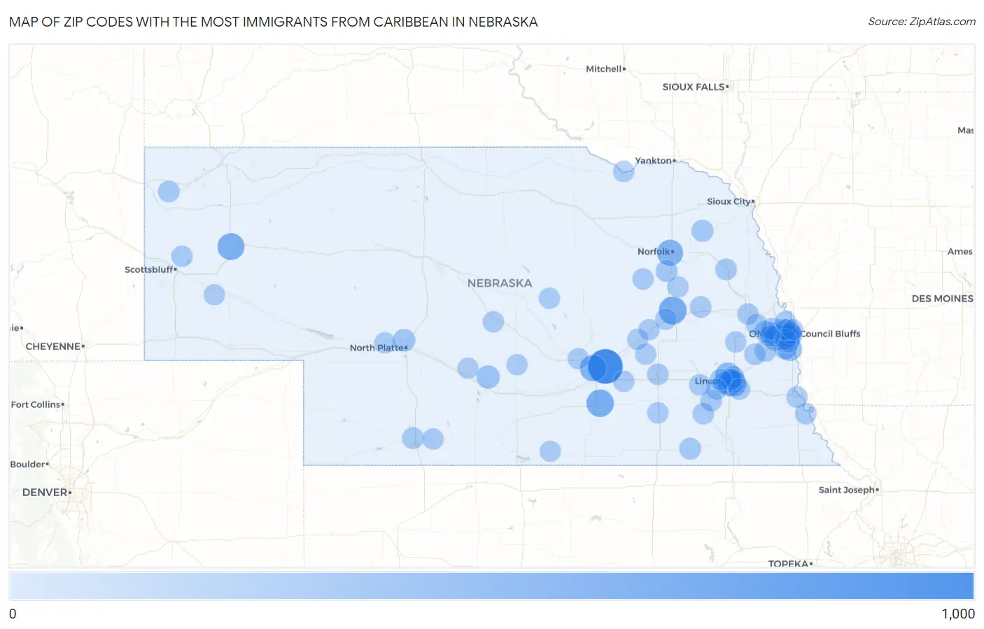 Zip Codes with the Most Immigrants from Caribbean in Nebraska Map