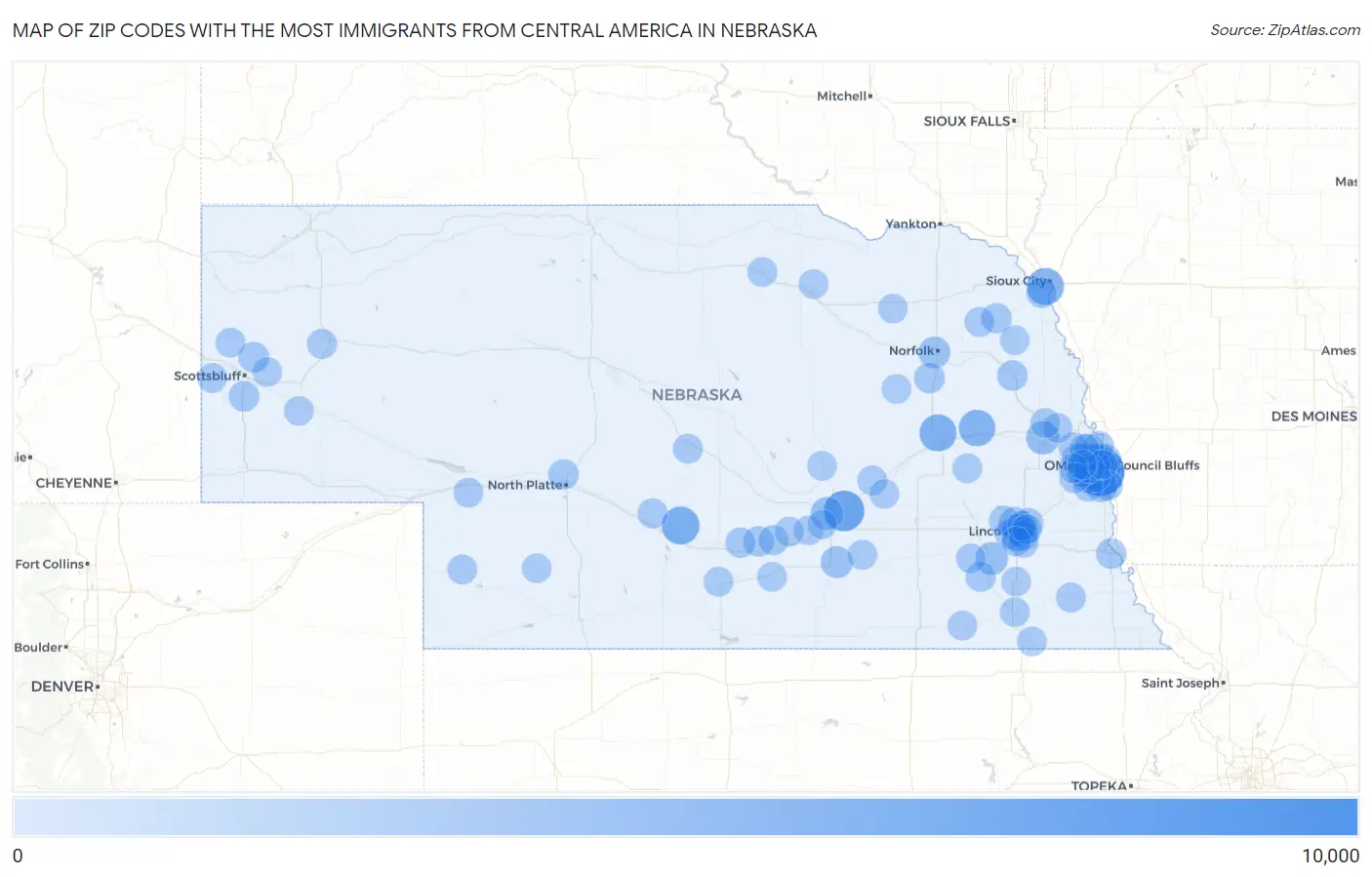 Zip Codes with the Most Immigrants from Central America in Nebraska Map