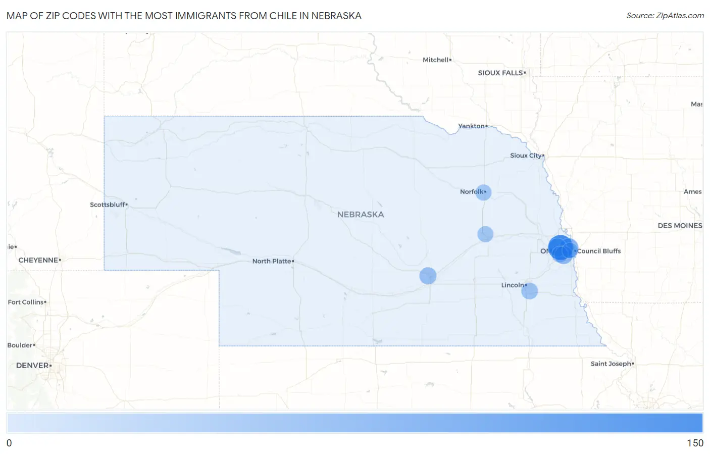 Zip Codes with the Most Immigrants from Chile in Nebraska Map