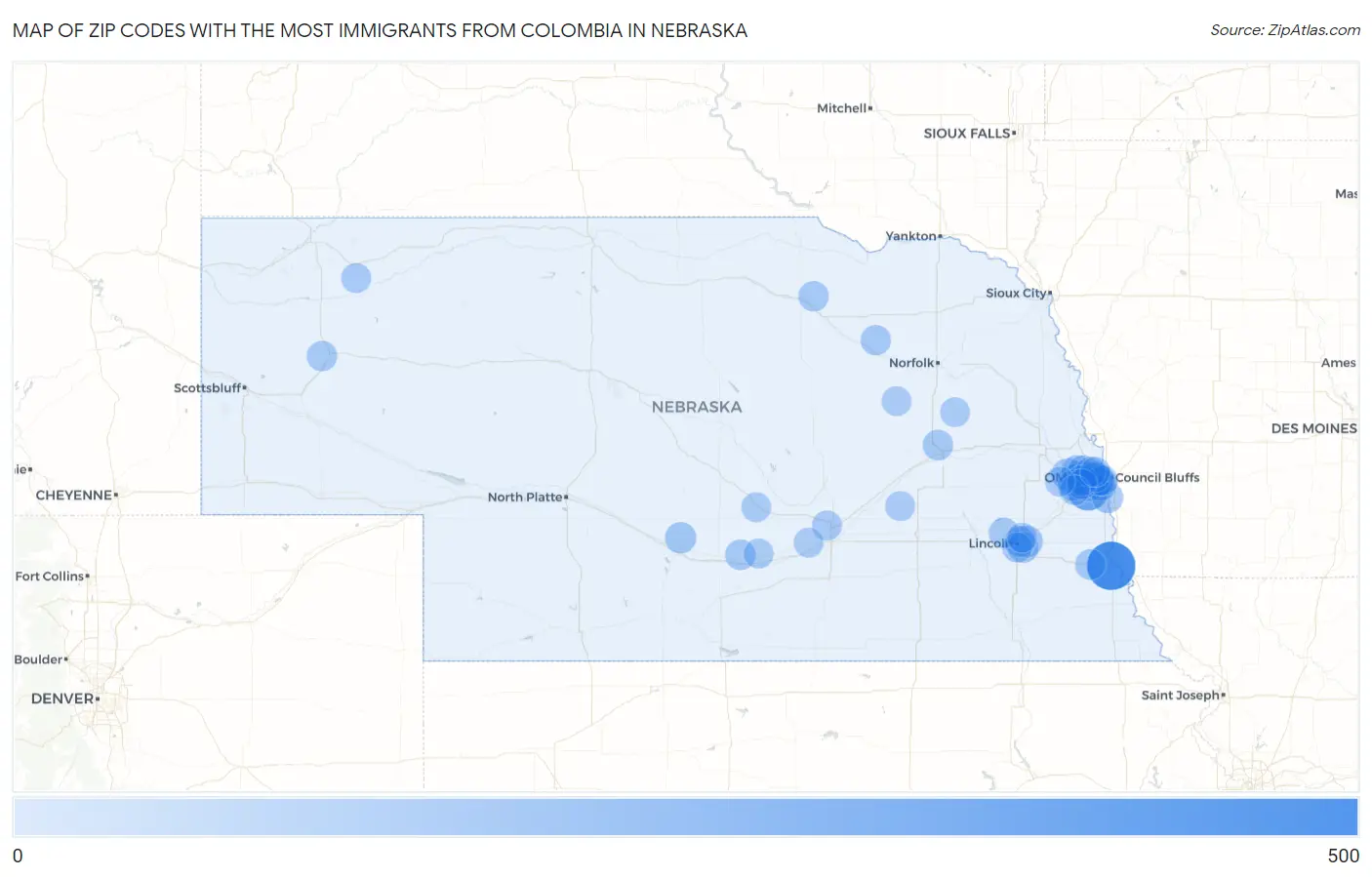 Zip Codes with the Most Immigrants from Colombia in Nebraska Map