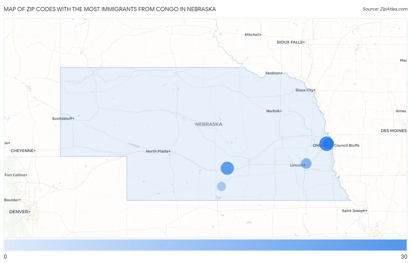 Zip Codes with the Most Immigrants from Congo in Nebraska Map