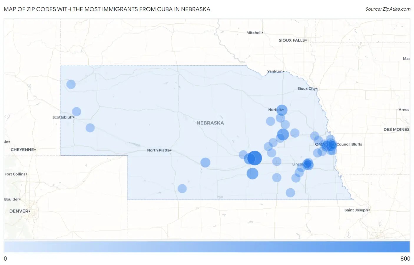 Zip Codes with the Most Immigrants from Cuba in Nebraska Map