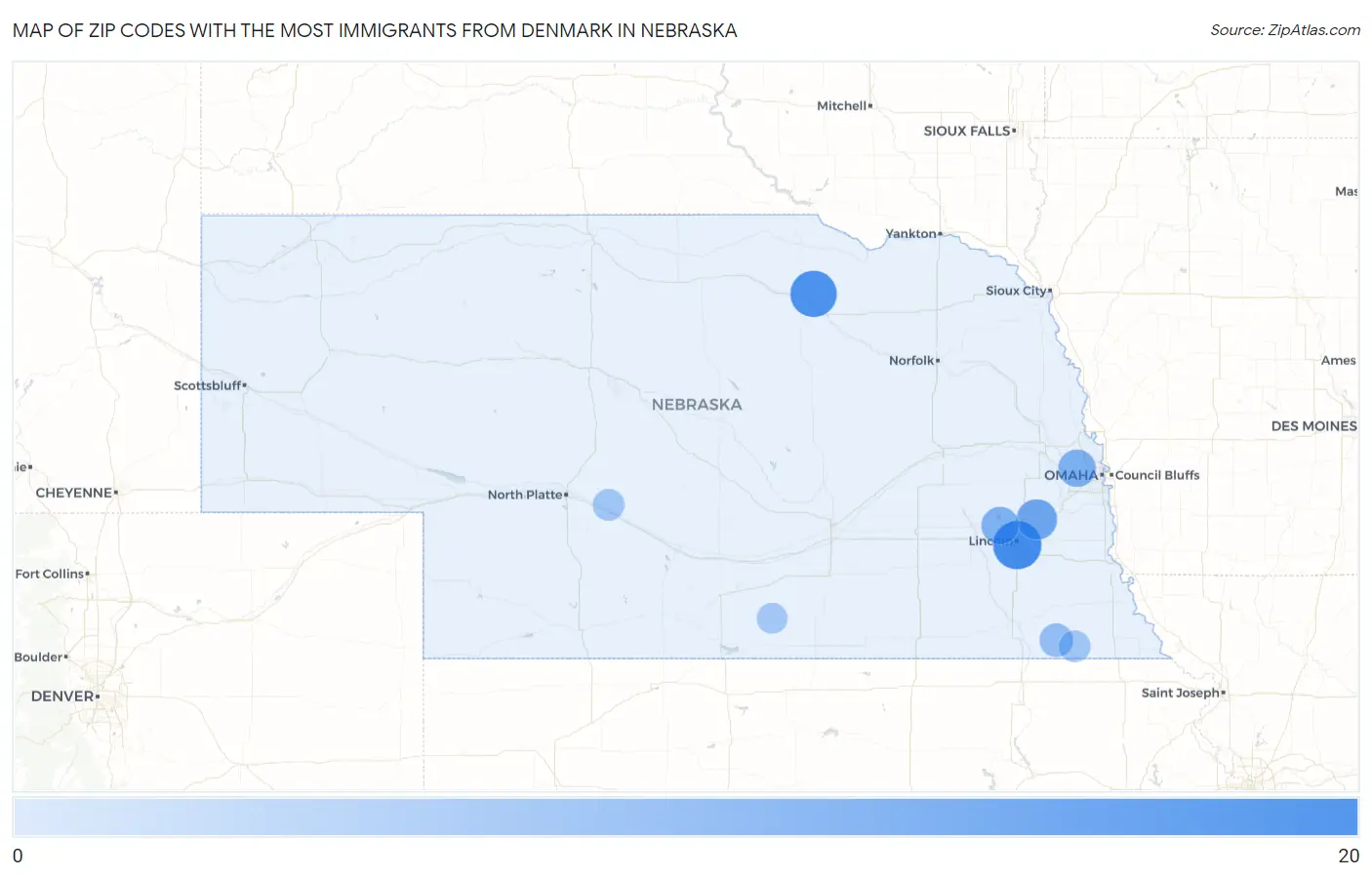 Zip Codes with the Most Immigrants from Denmark in Nebraska Map