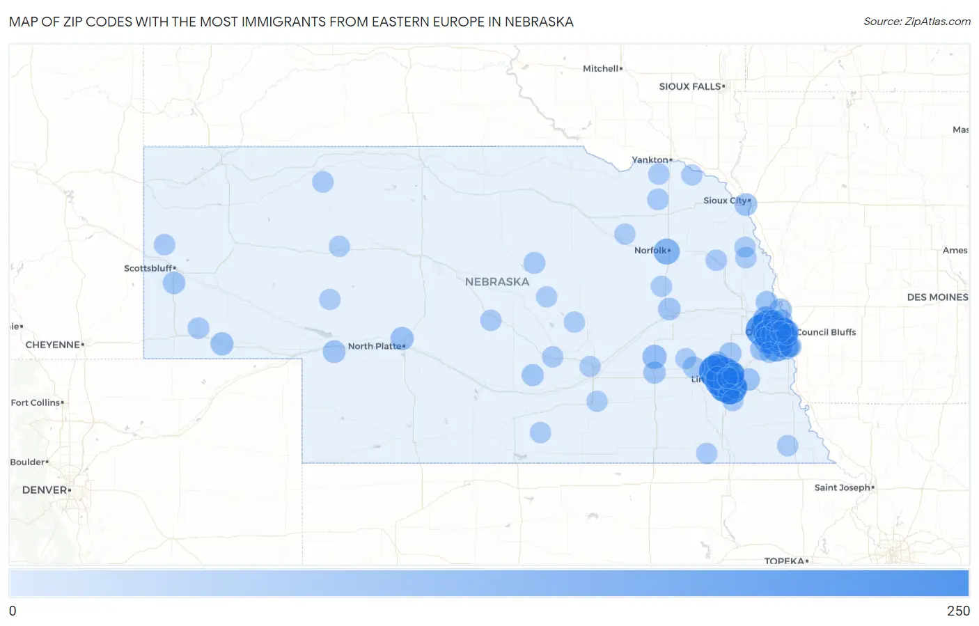 Zip Codes with the Most Immigrants from Eastern Europe in Nebraska Map