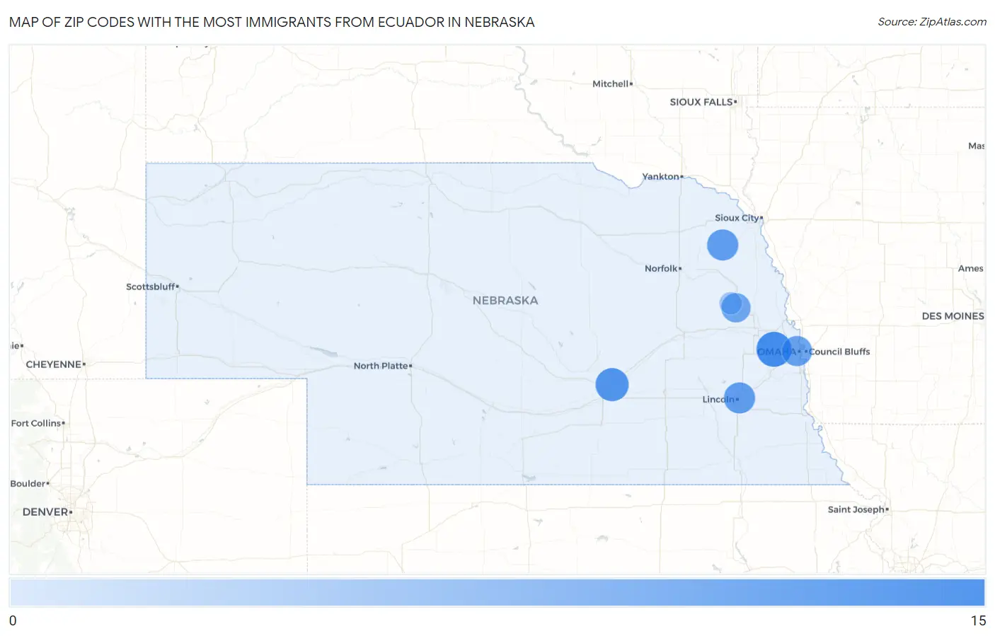 Zip Codes with the Most Immigrants from Ecuador in Nebraska Map