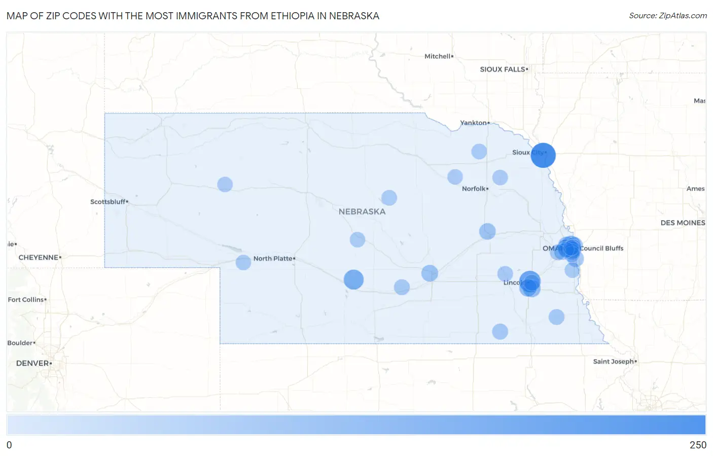 Zip Codes with the Most Immigrants from Ethiopia in Nebraska Map