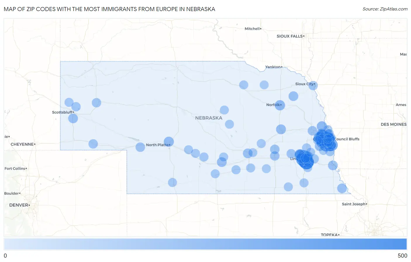 Zip Codes with the Most Immigrants from Europe in Nebraska Map