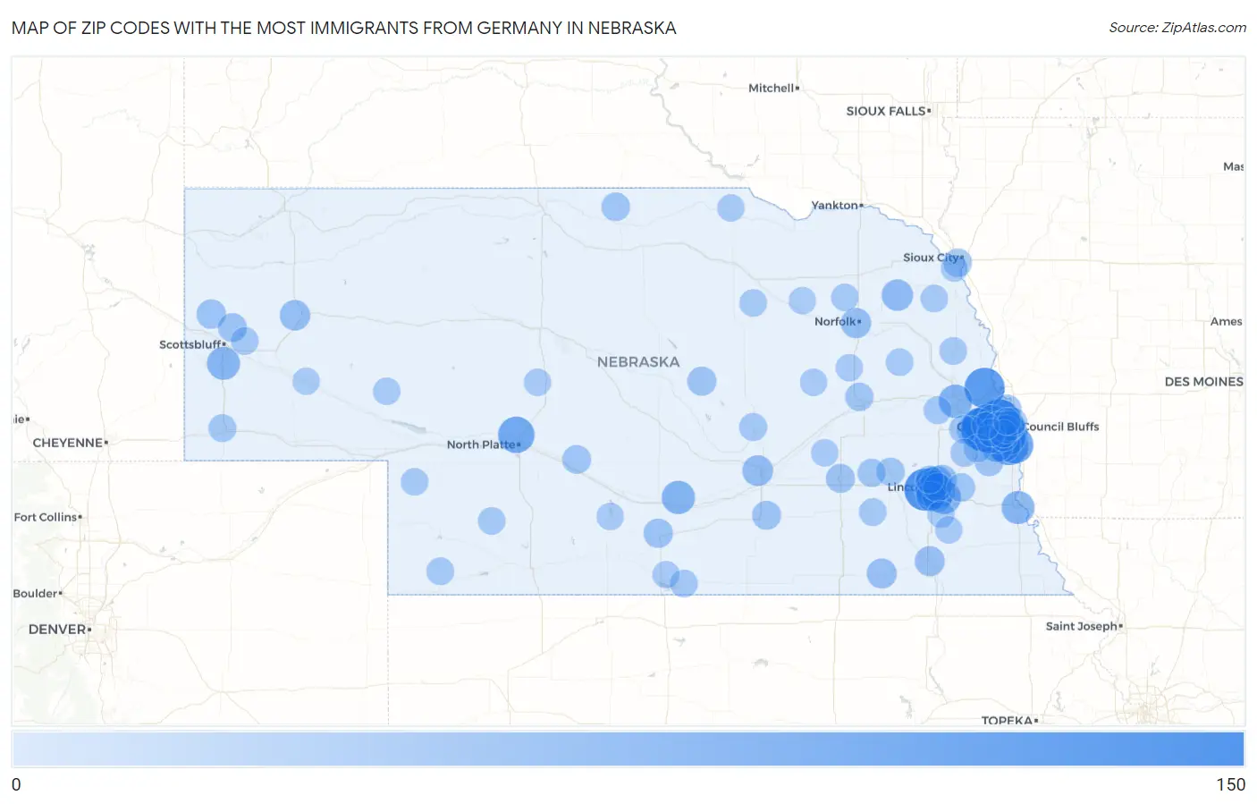 Zip Codes with the Most Immigrants from Germany in Nebraska Map