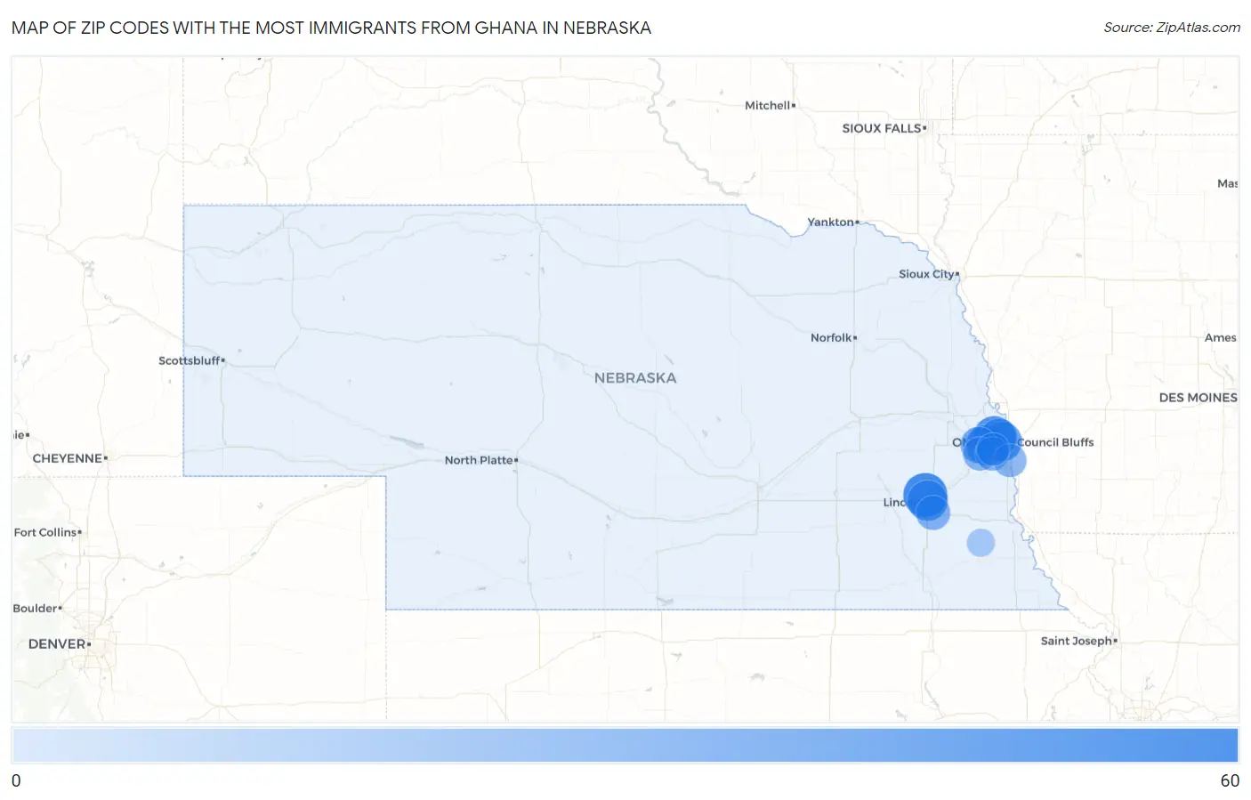 Zip Codes with the Most Immigrants from Ghana in Nebraska Map