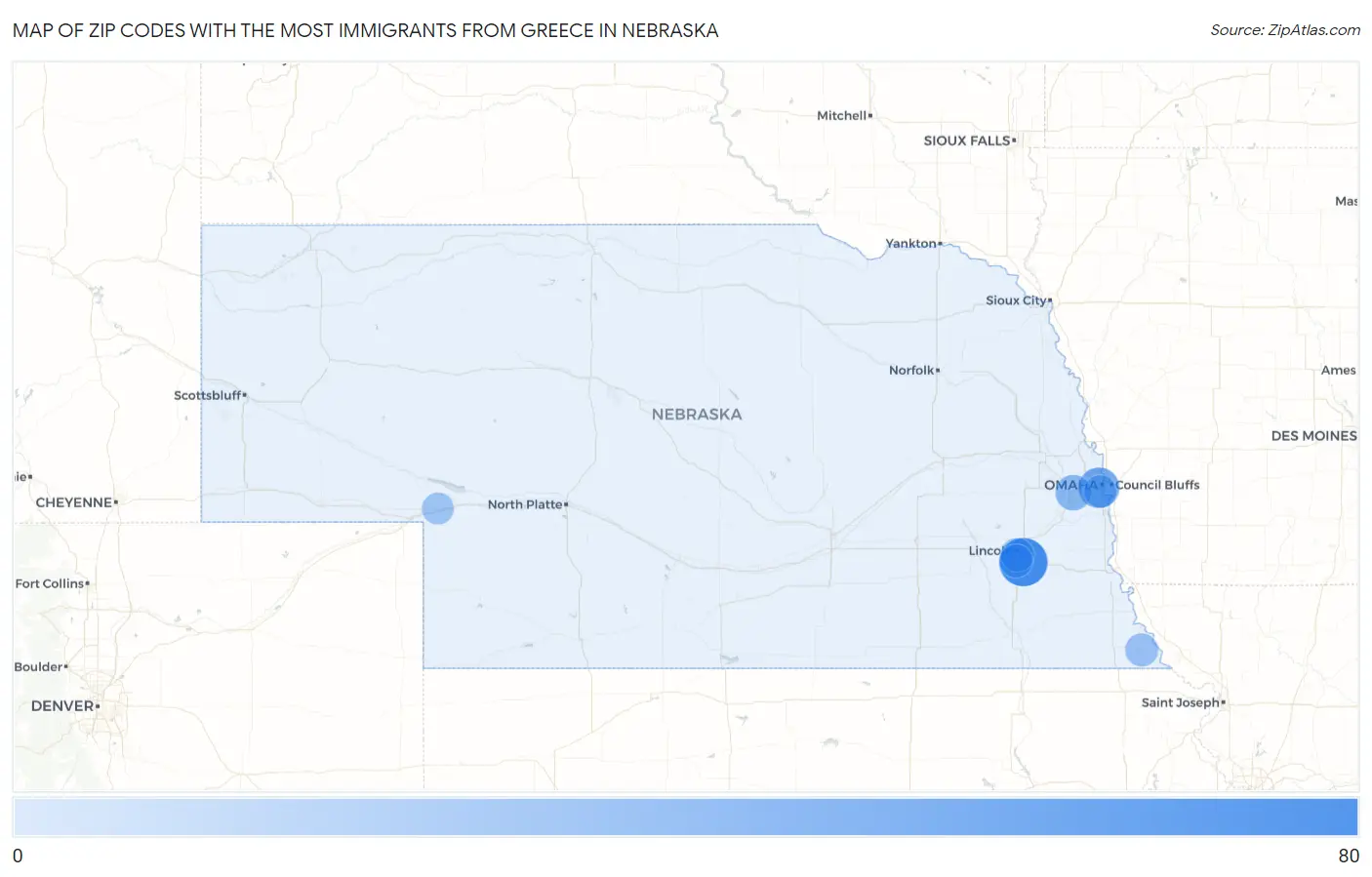 Zip Codes with the Most Immigrants from Greece in Nebraska Map
