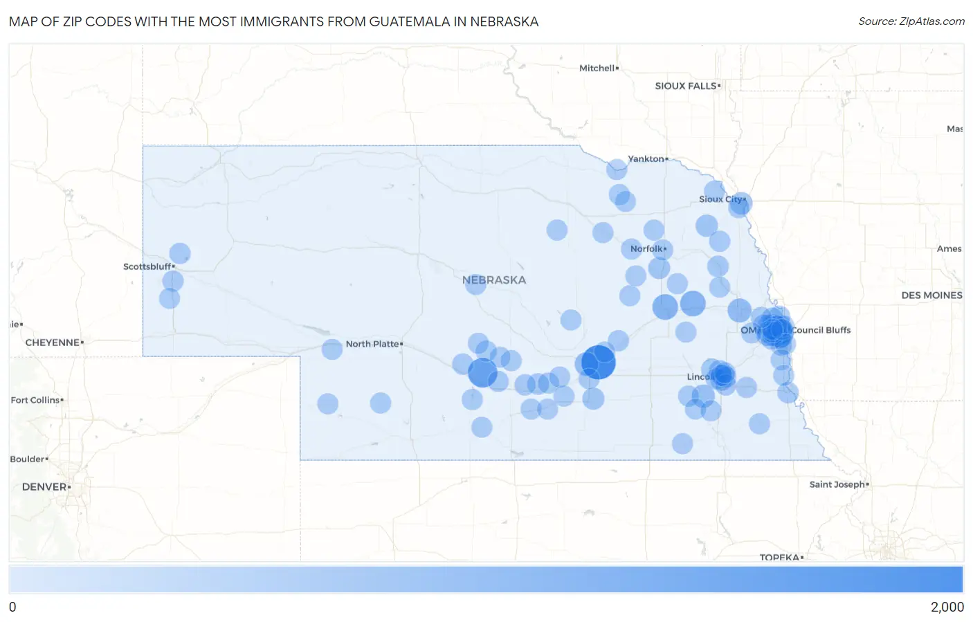 Zip Codes with the Most Immigrants from Guatemala in Nebraska Map
