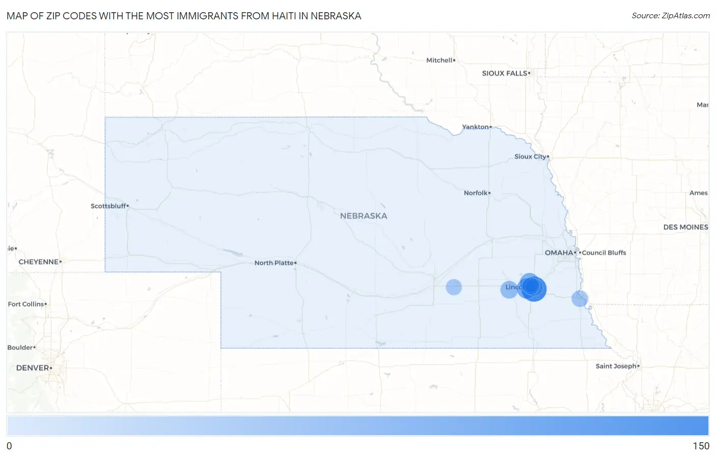 Zip Codes with the Most Immigrants from Haiti in Nebraska Map