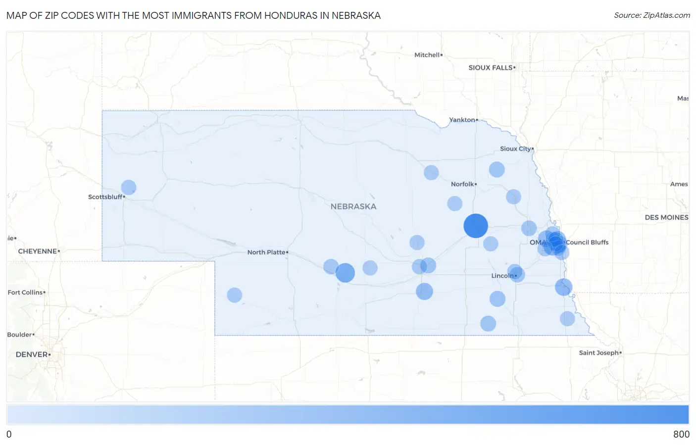 Zip Codes with the Most Immigrants from Honduras in Nebraska Map