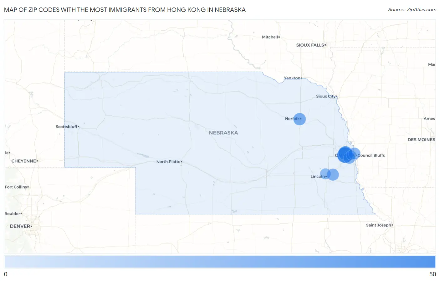 Zip Codes with the Most Immigrants from Hong Kong in Nebraska Map