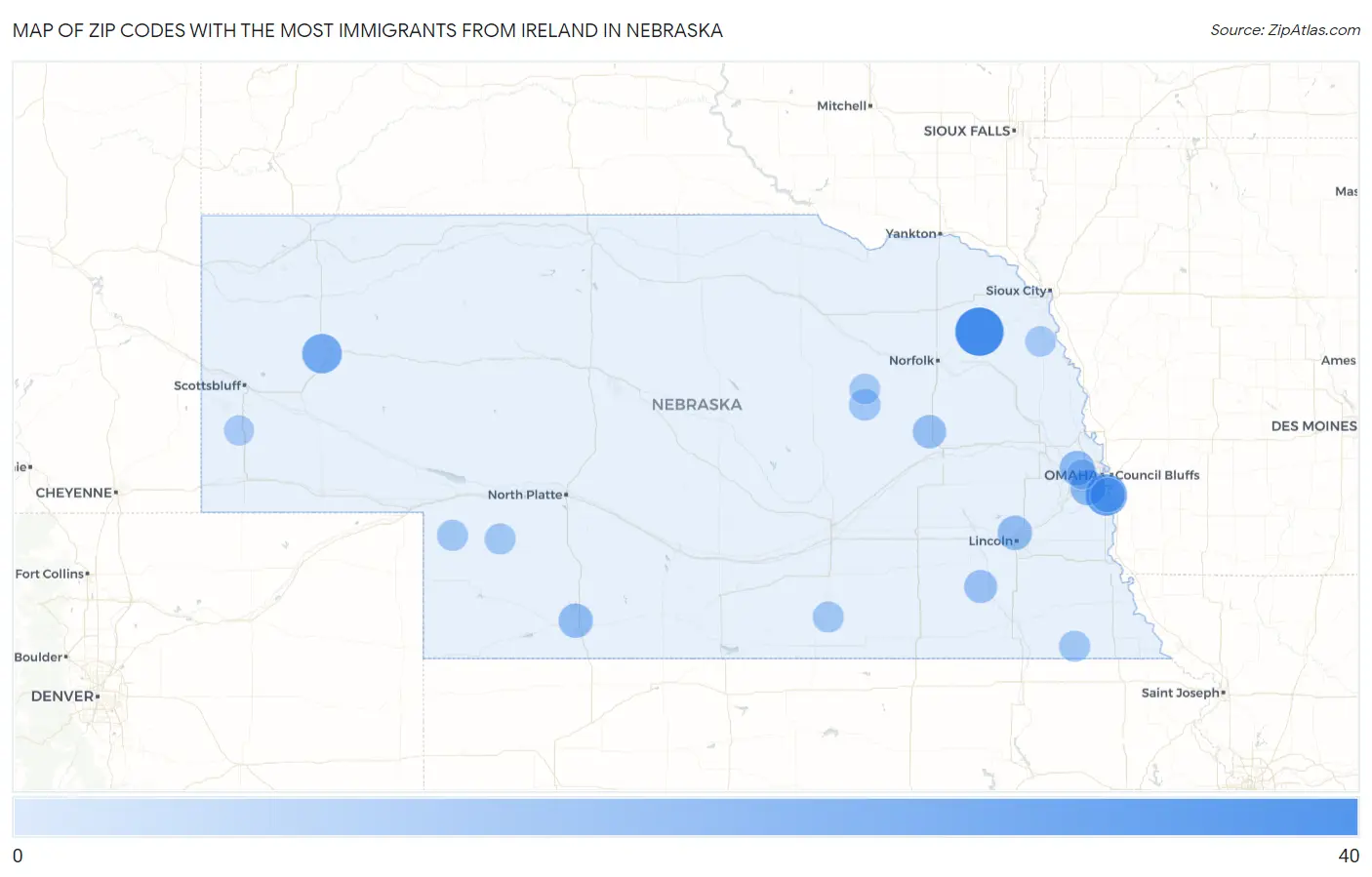 Zip Codes with the Most Immigrants from Ireland in Nebraska Map