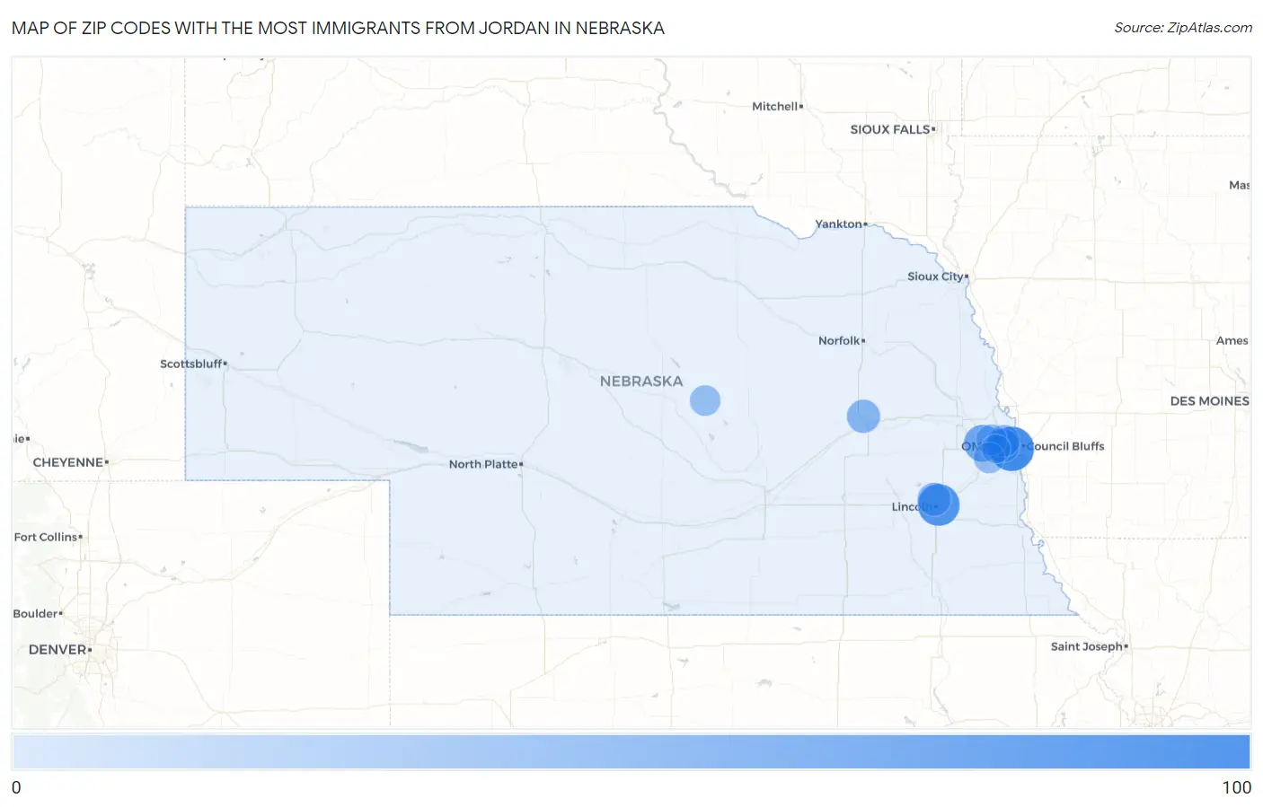Zip Codes with the Most Immigrants from Jordan in Nebraska Map