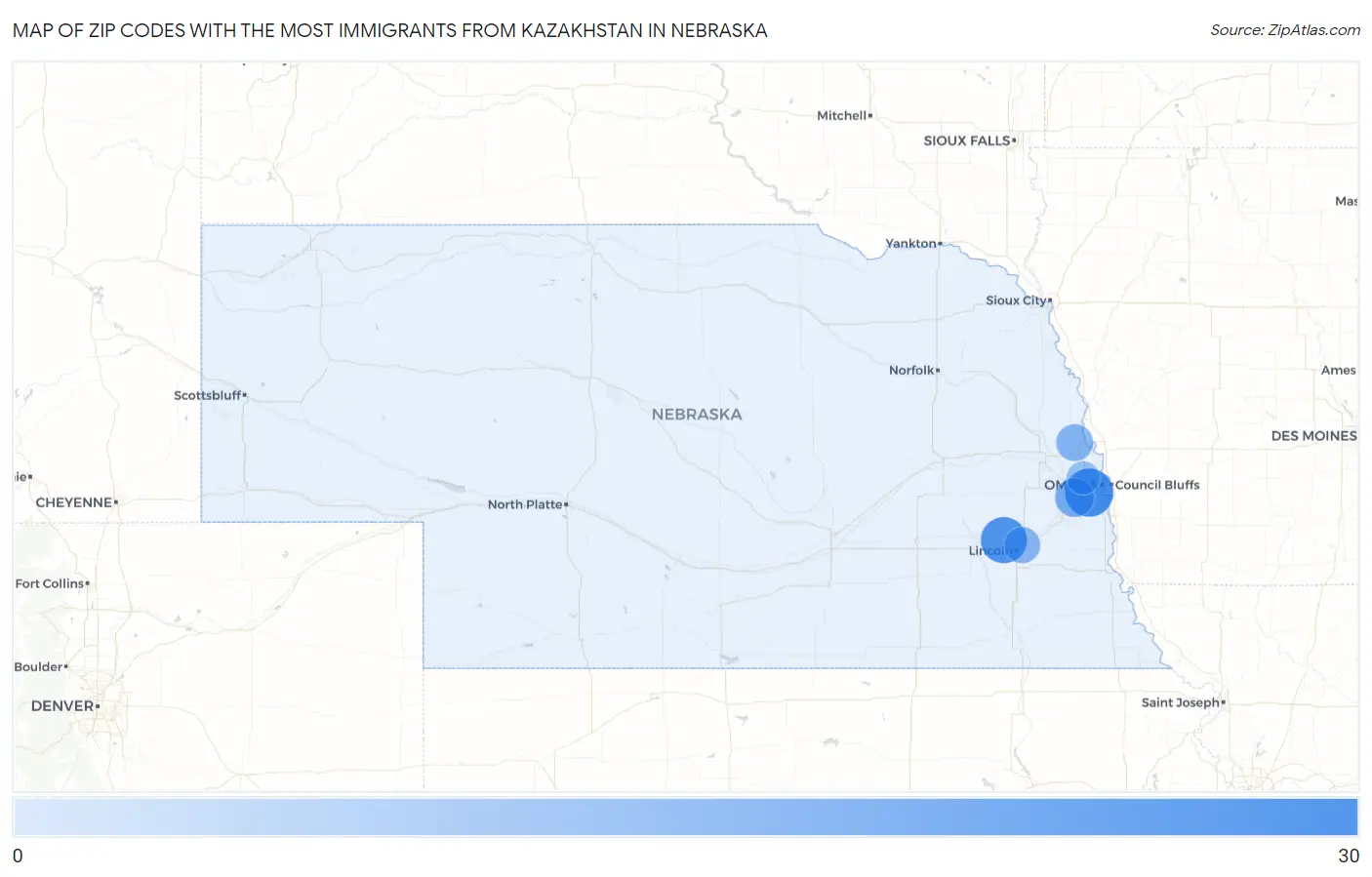 Zip Codes with the Most Immigrants from Kazakhstan in Nebraska Map