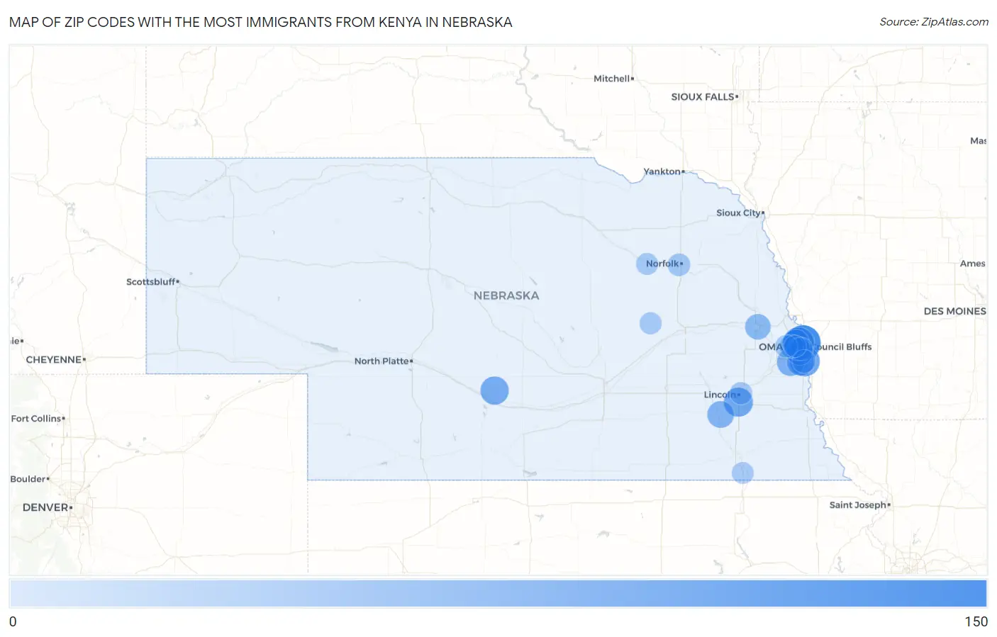Zip Codes with the Most Immigrants from Kenya in Nebraska Map