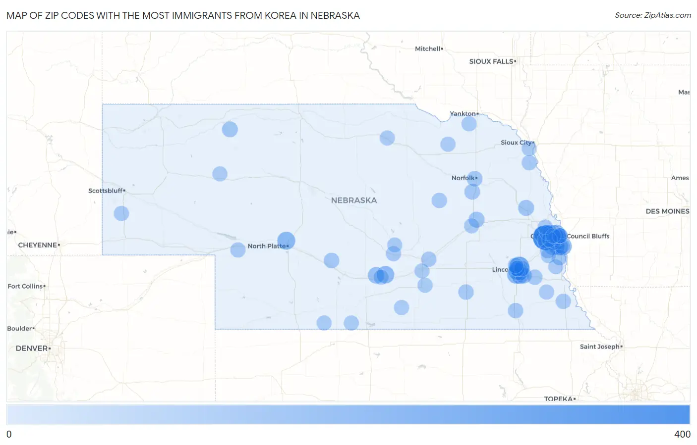 Zip Codes with the Most Immigrants from Korea in Nebraska Map