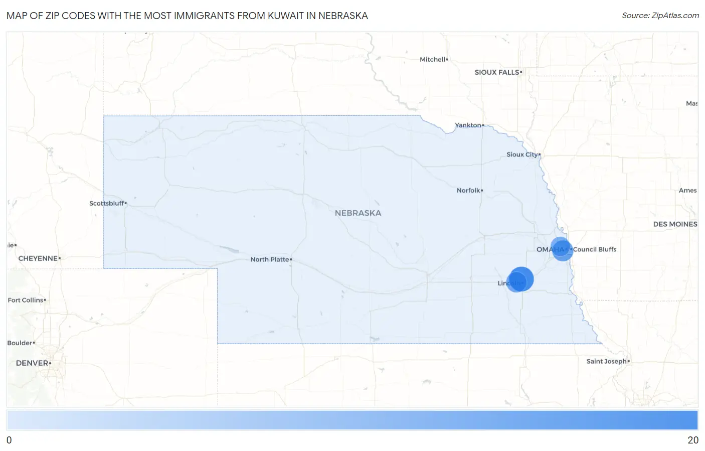 Zip Codes with the Most Immigrants from Kuwait in Nebraska Map