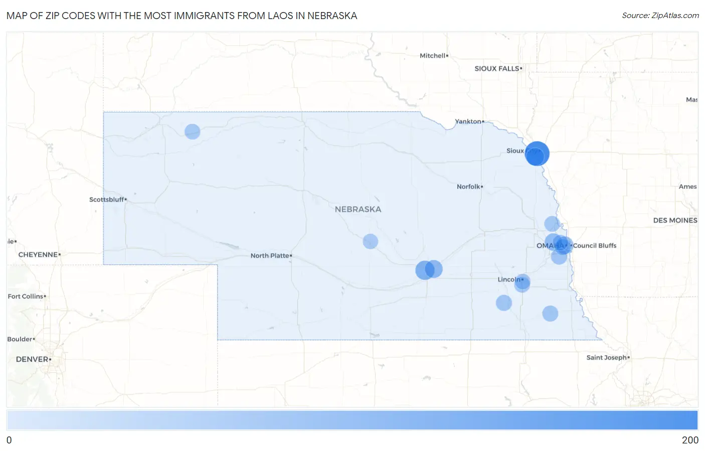 Zip Codes with the Most Immigrants from Laos in Nebraska Map
