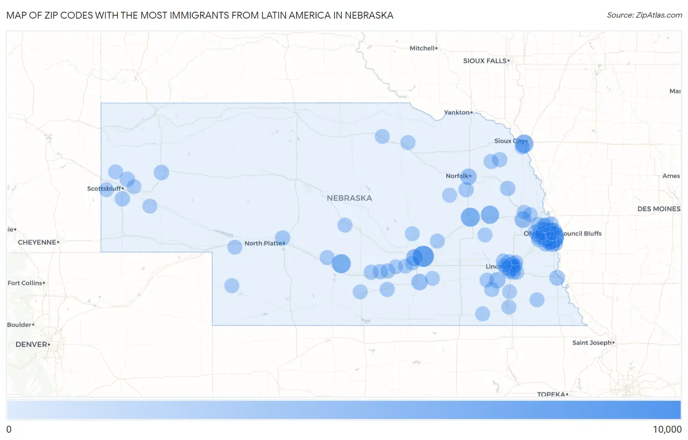 Zip Codes with the Most Immigrants from Latin America in Nebraska Map