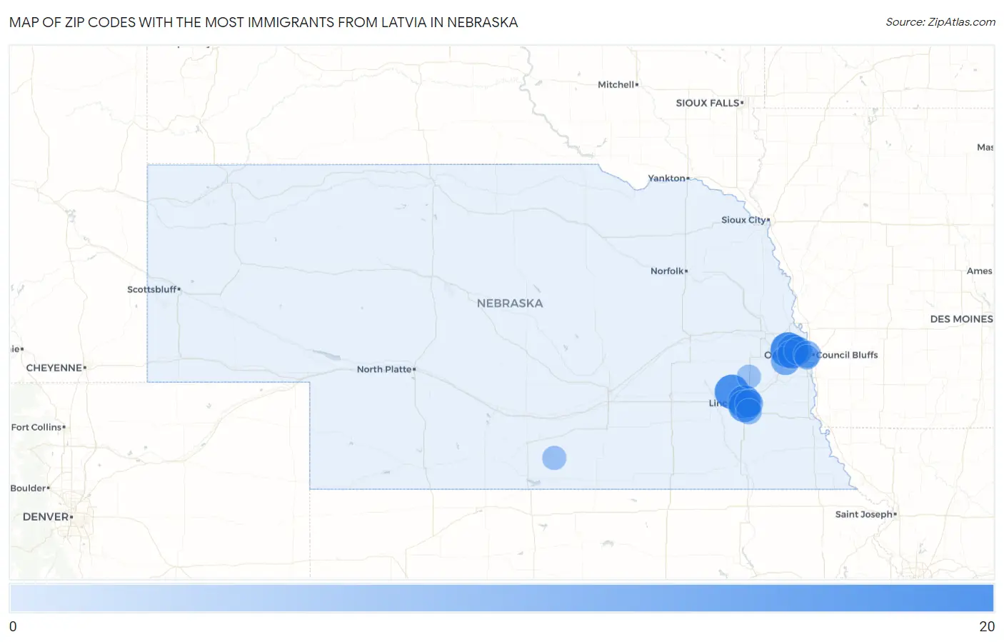 Zip Codes with the Most Immigrants from Latvia in Nebraska Map