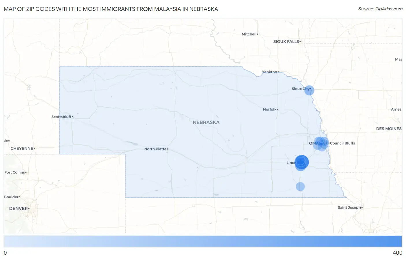 Zip Codes with the Most Immigrants from Malaysia in Nebraska Map