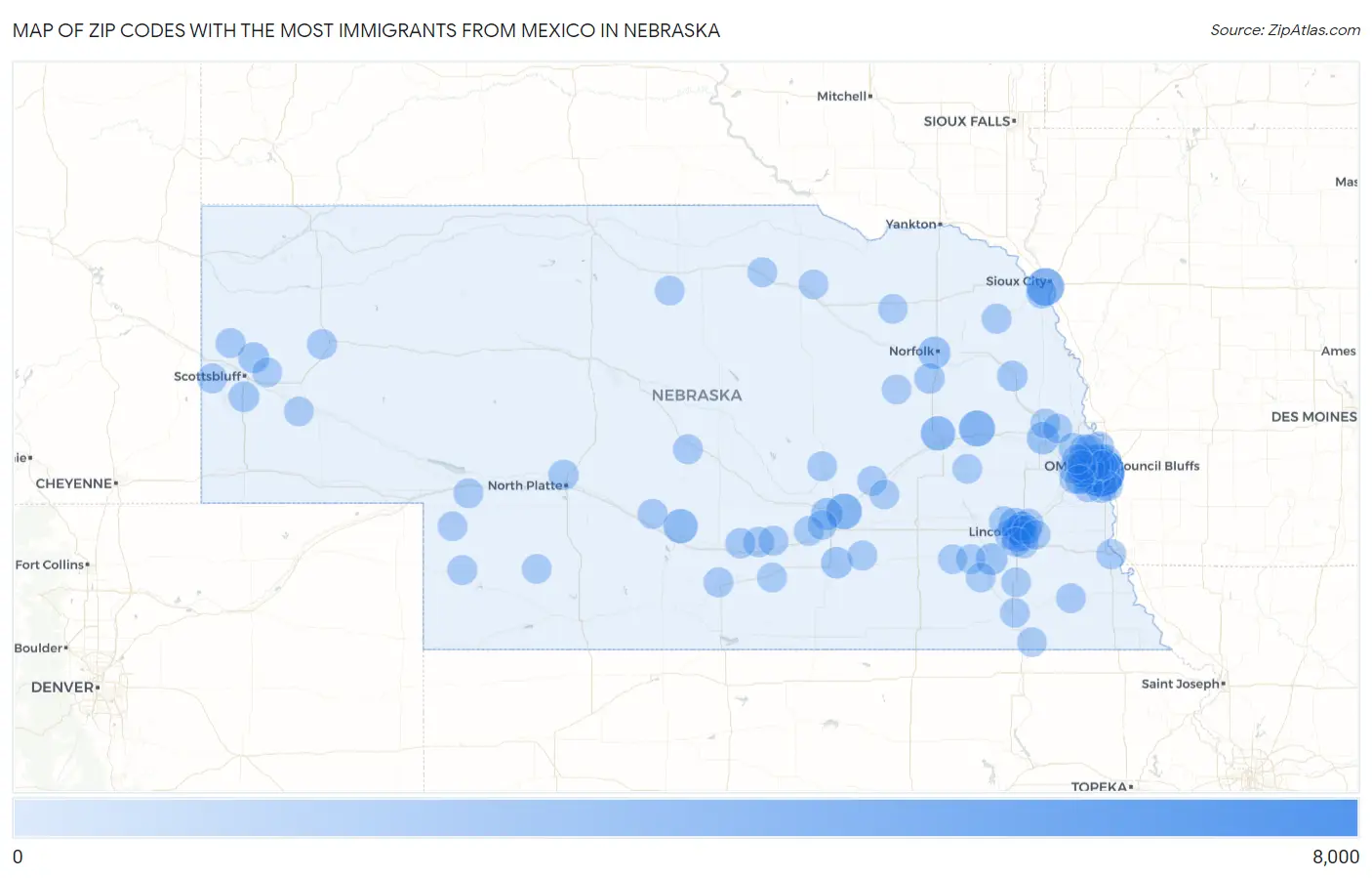 Zip Codes with the Most Immigrants from Mexico in Nebraska Map