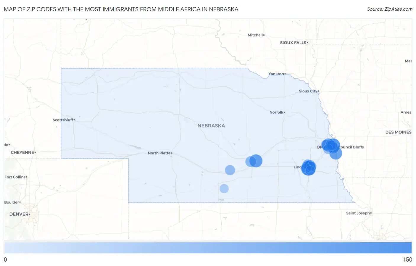 Zip Codes with the Most Immigrants from Middle Africa in Nebraska Map