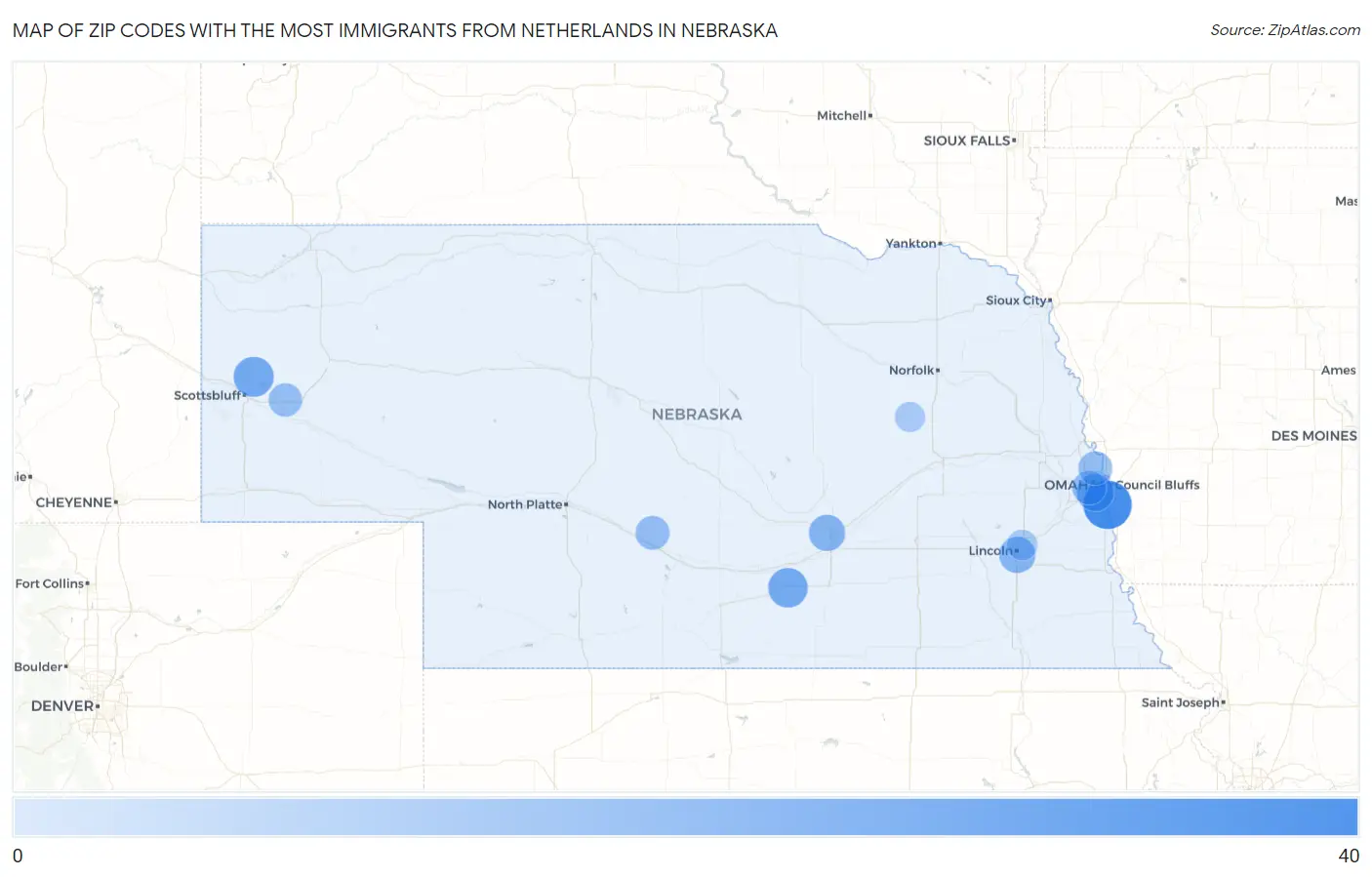 Zip Codes with the Most Immigrants from Netherlands in Nebraska Map