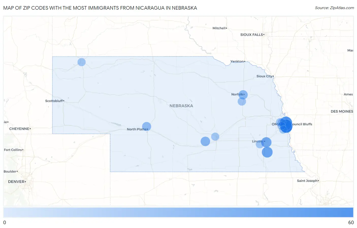 Zip Codes with the Most Immigrants from Nicaragua in Nebraska Map