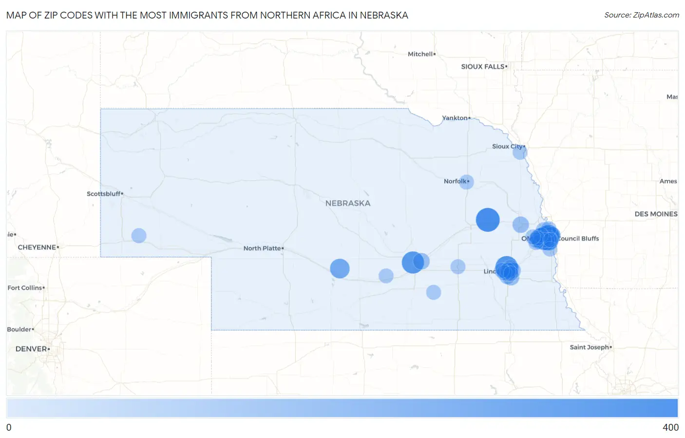 Zip Codes with the Most Immigrants from Northern Africa in Nebraska Map
