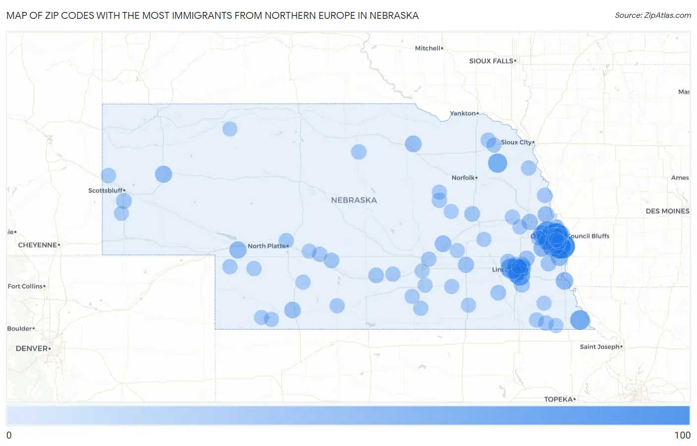 Zip Codes with the Most Immigrants from Northern Europe in Nebraska Map
