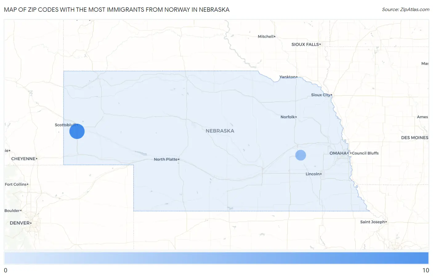 Zip Codes with the Most Immigrants from Norway in Nebraska Map