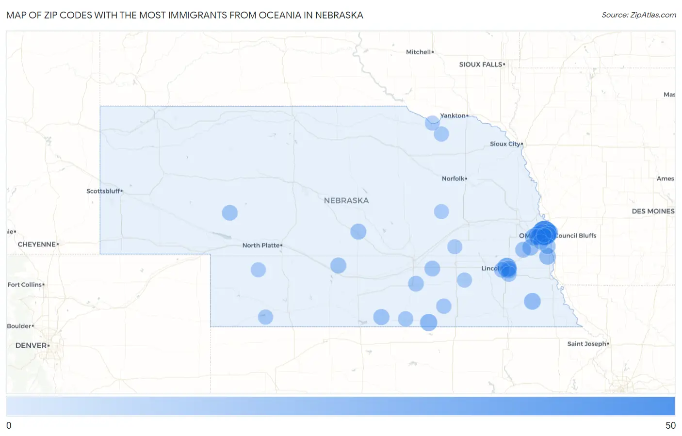 Zip Codes with the Most Immigrants from Oceania in Nebraska Map