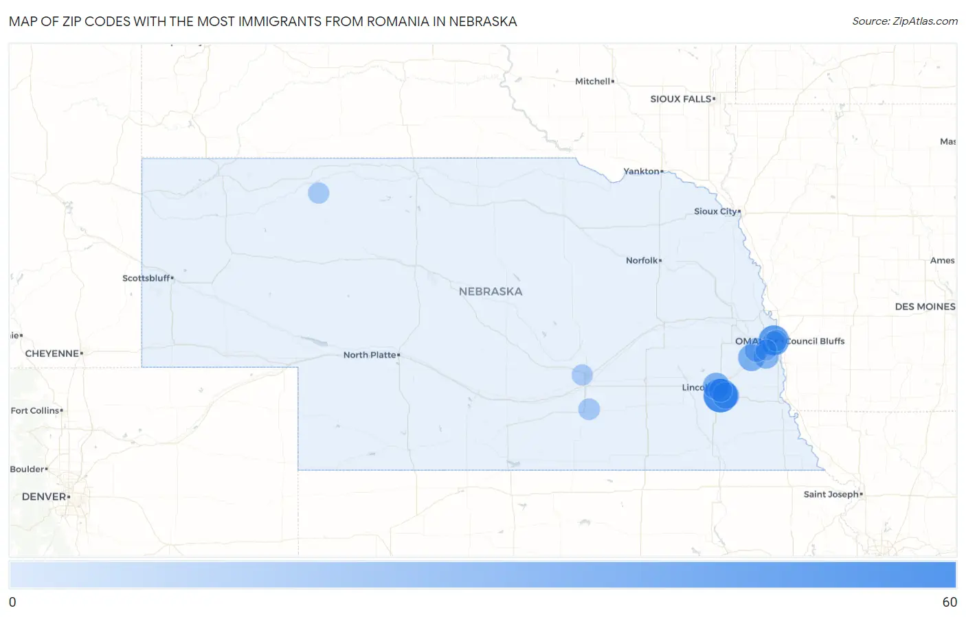 Zip Codes with the Most Immigrants from Romania in Nebraska Map