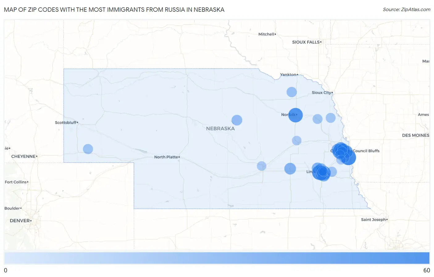 Zip Codes with the Most Immigrants from Russia in Nebraska Map